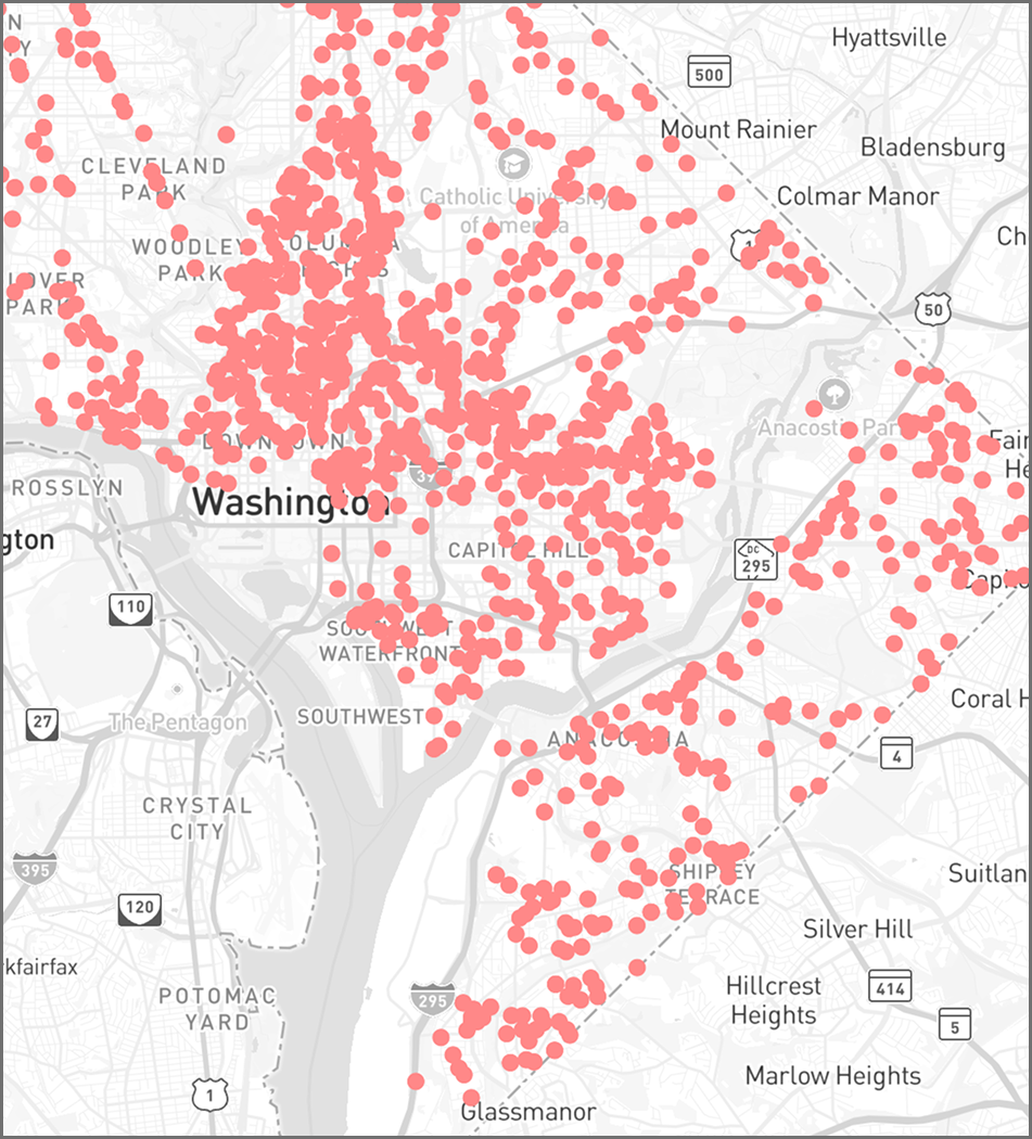 Experimenting with mapbox by inputing data for crime statistics in Columbia in the last 30 days using circle as the style.