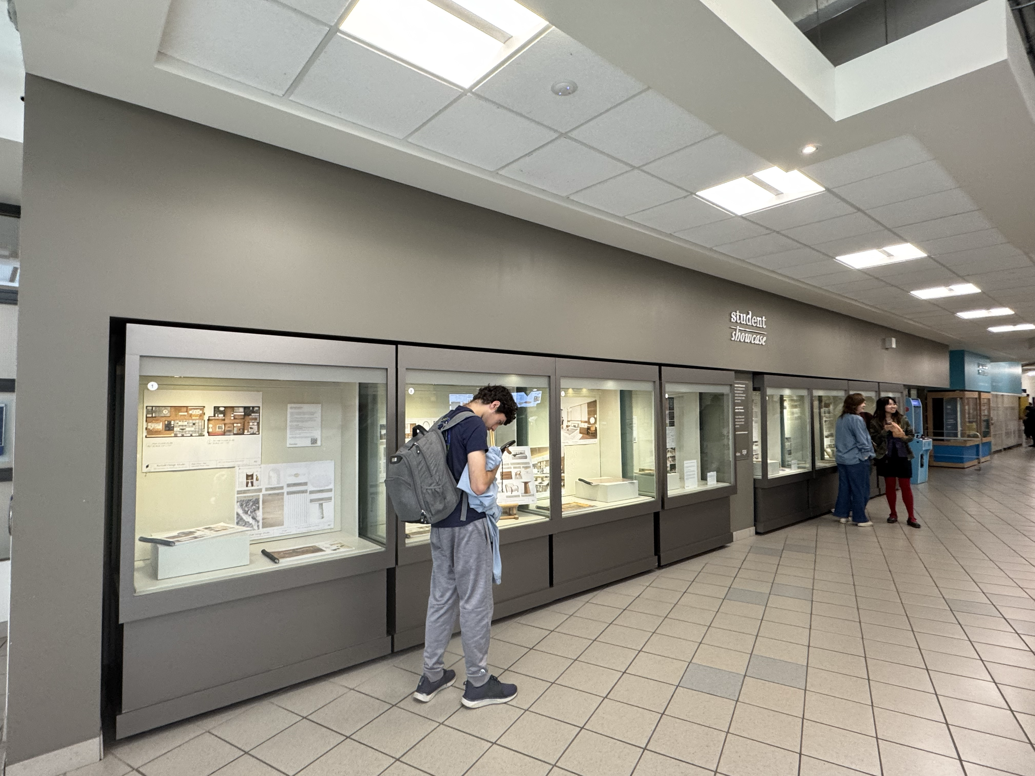 This is the space near the Tim Hortons that showcase interior design student work, the space above and below could be integrated with projection mapping to create more interactive displays that draws users eyes.